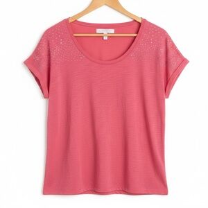 Ellen Tracy NWOT Coral Short Sleeve Tee Lightweight Embellished Shoulder